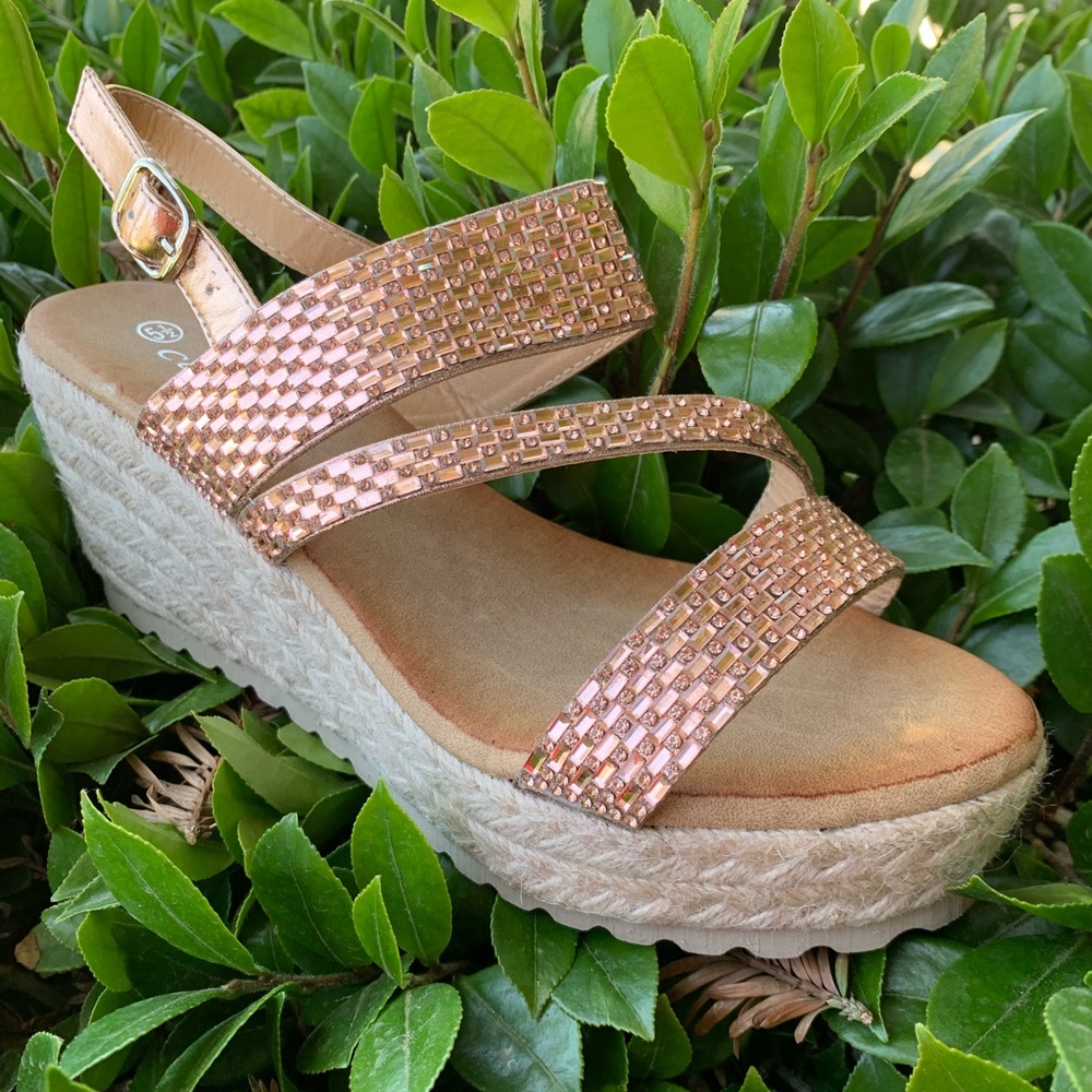 Rose Gold Espadrille Platform Wedges Bling Womens